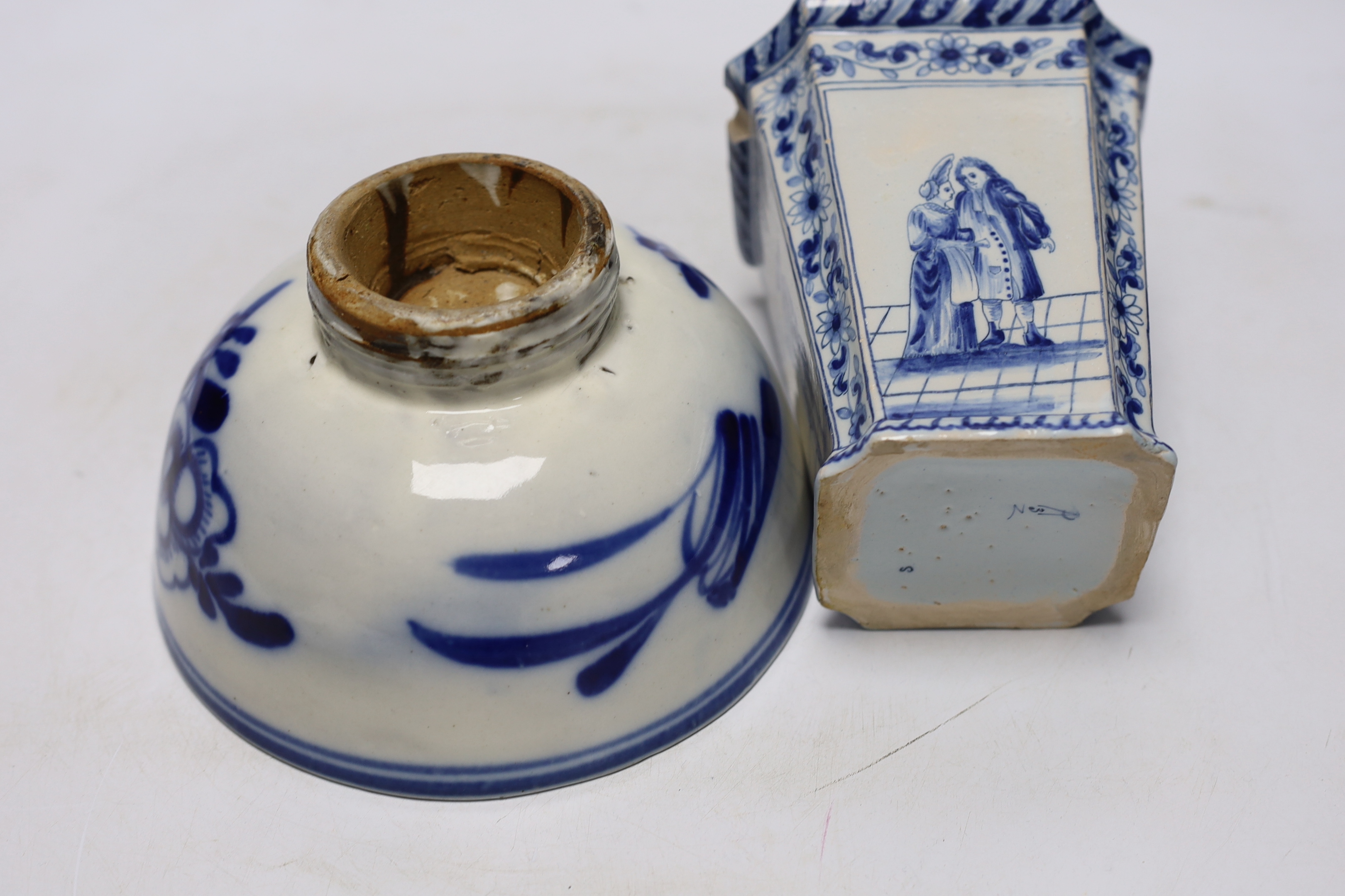 A group of Chinese blue and white bowls a dish and a Delft blue and white vase, largest 19cm in diameter